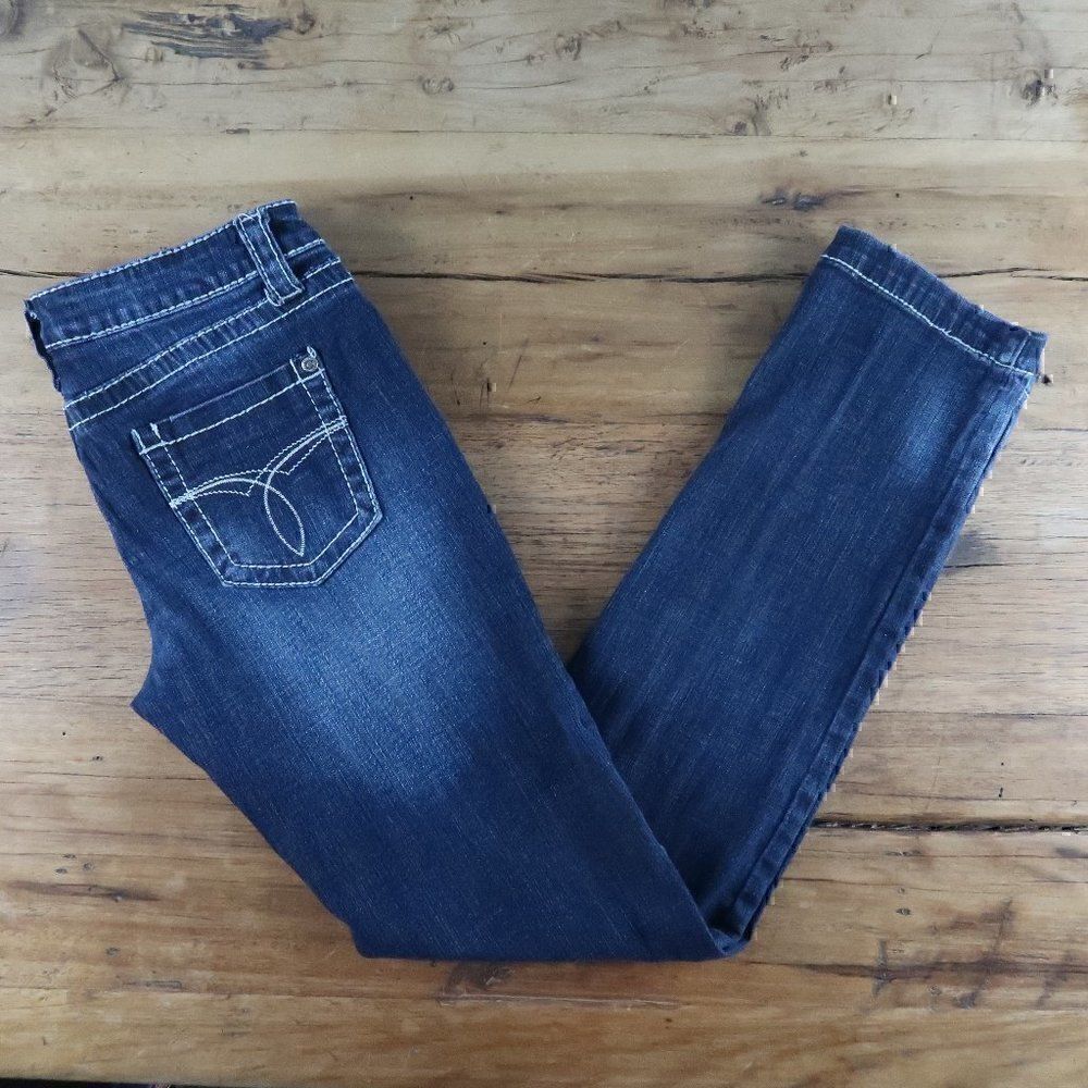 LOVE CULTURE DARK WASH STRETCH STRAIGHT CUT BLUE JEANS WOMENS JUNIOR SIZE 7